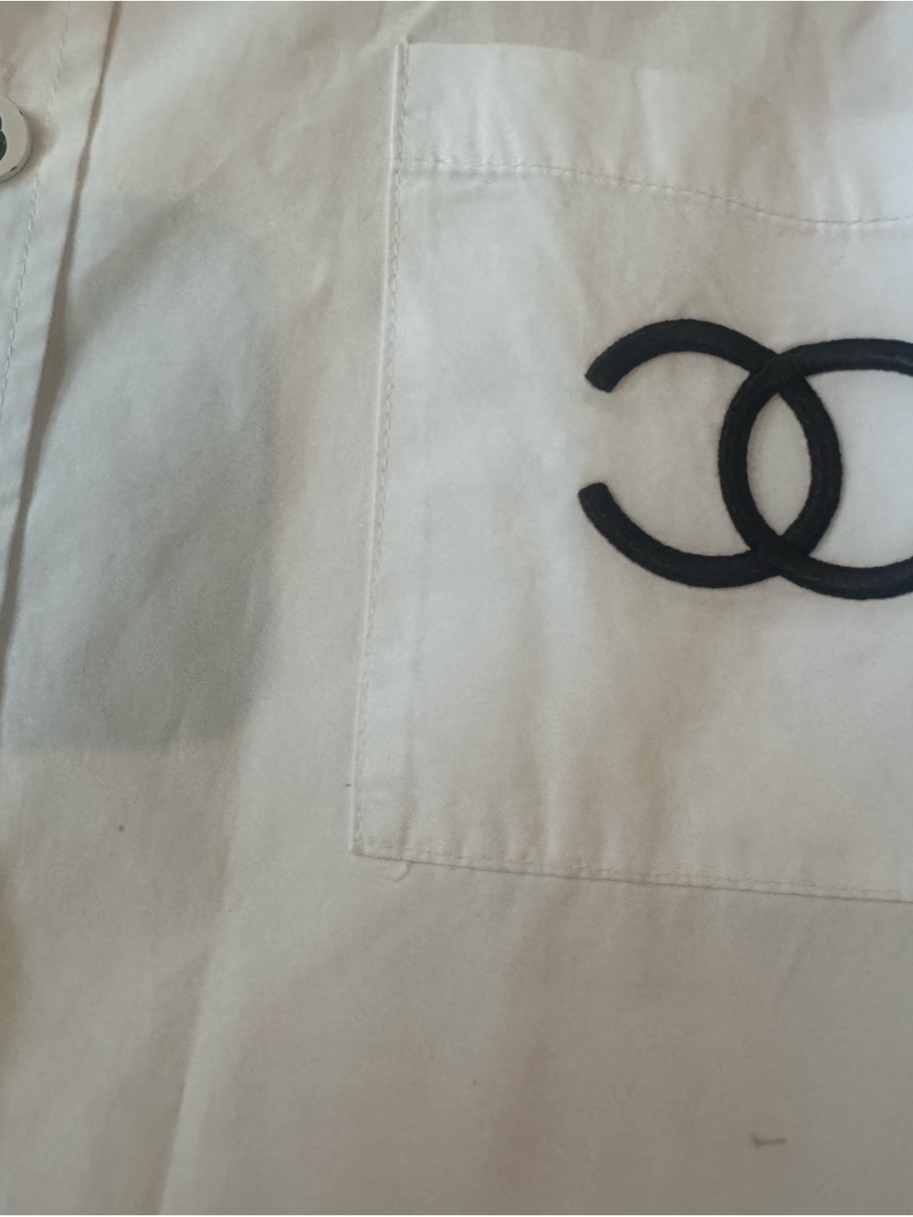 CHANEL White Button-Up Shirt with Black CC Pocket Logo - Picture 2 of 5
